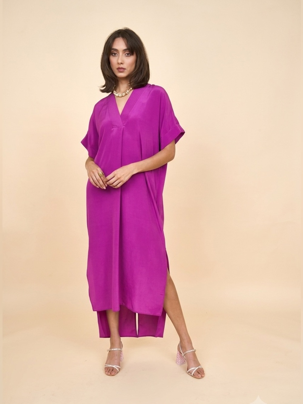 INCLAN STUDIO / Octavia Magenta Silk V-Neck Caftan Dress - Sz. S - NWOT